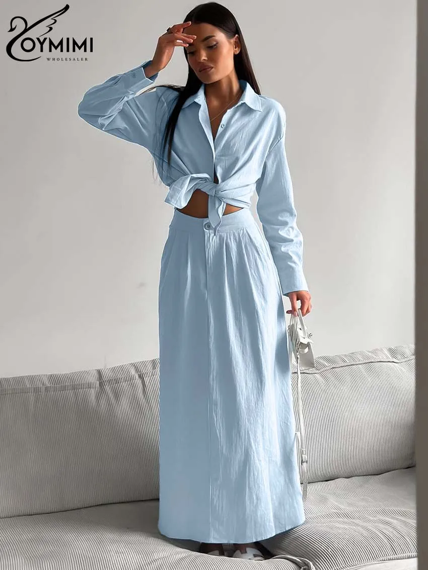 Oymimi Fashion Blue Cotton Two Piece Set For Women Elegant Lapel Long Sleeve Shirts And High Waisted Button Skirts Female Sets