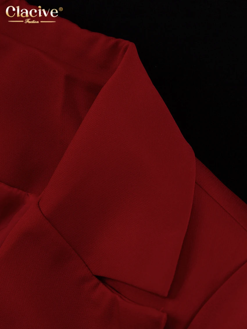 Clacive Fashion Loose Red Office Shorts Sets For Women 2 Pieces Elegant Long Sleeve Blazer With High Waist Shorts Set Female