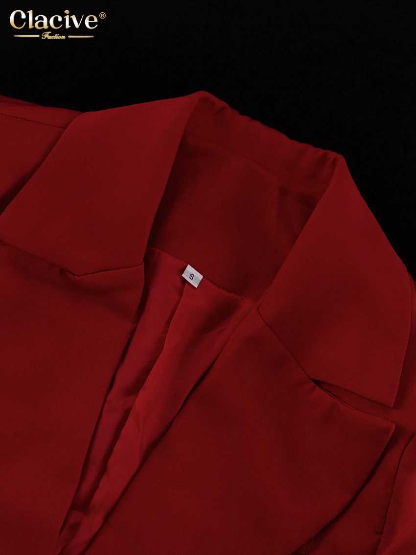 Clacive Fashion Loose Red Office Shorts Sets For Women 2 Pieces Elegant Long Sleeve Blazer With High Waist Shorts Set Female