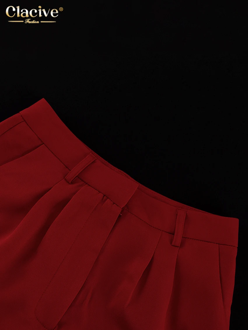 Clacive Fashion Loose Red Office Shorts Sets For Women 2 Pieces Elegant Long Sleeve Blazer With High Waist Shorts Set Female