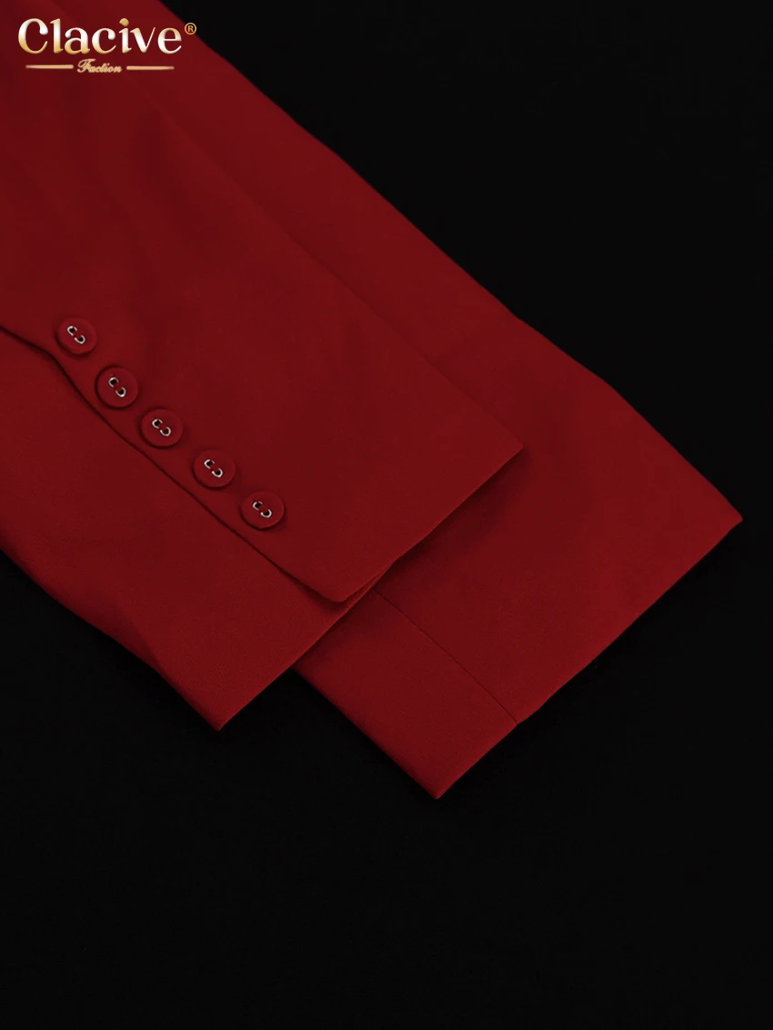 Clacive Fashion Loose Red Office Shorts Sets For Women 2 Pieces Elegant Long Sleeve Blazer With High Waist Shorts Set Female