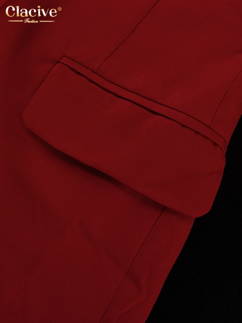 Clacive Fashion Loose Red Office Shorts Sets For Women 2 Pieces Elegant Long Sleeve Blazer With High Waist Shorts Set Female