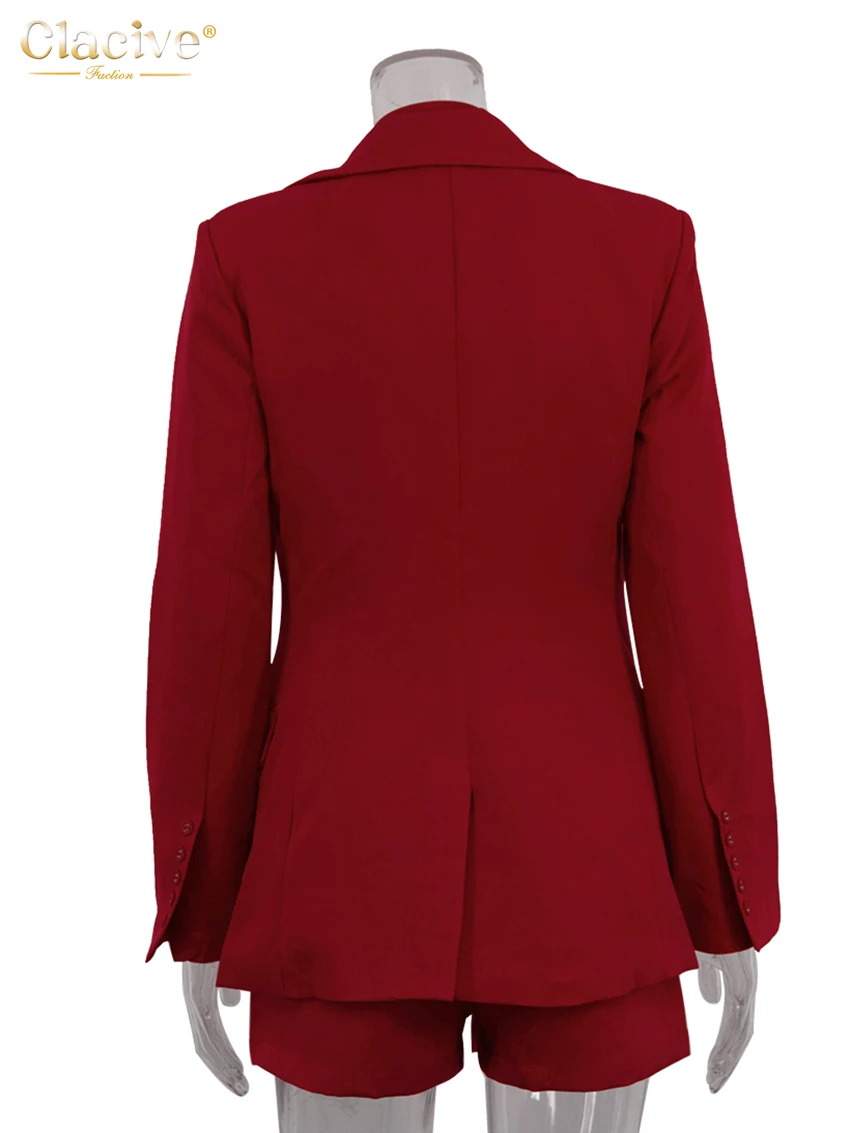 Clacive Fashion Loose Red Office Shorts Sets For Women 2 Pieces Elegant Long Sleeve Blazer With High Waist Shorts Set Female