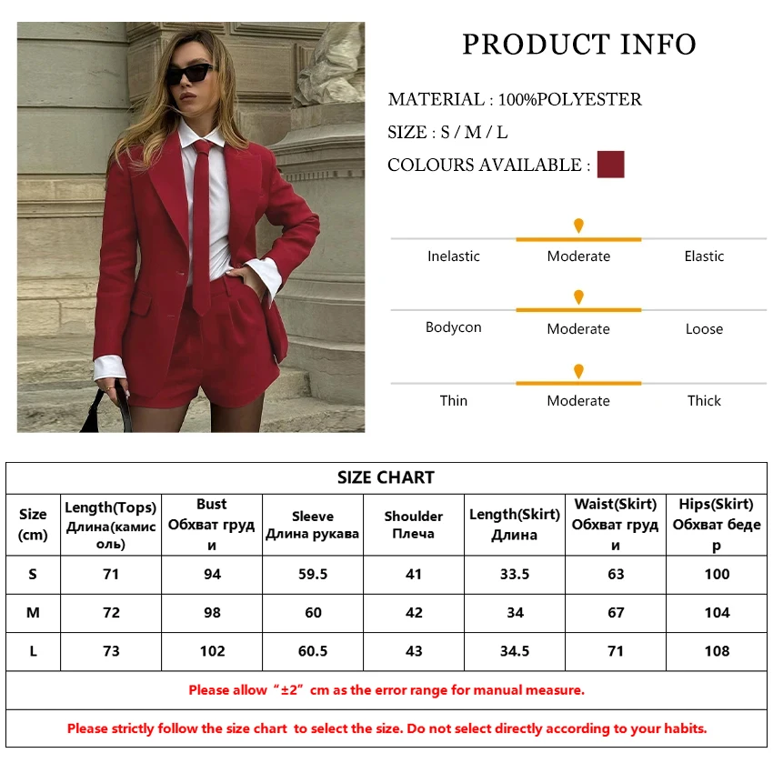 Clacive Fashion Loose Red Office Shorts Sets For Women 2 Pieces Elegant Long Sleeve Blazer With High Waist Shorts Set Female