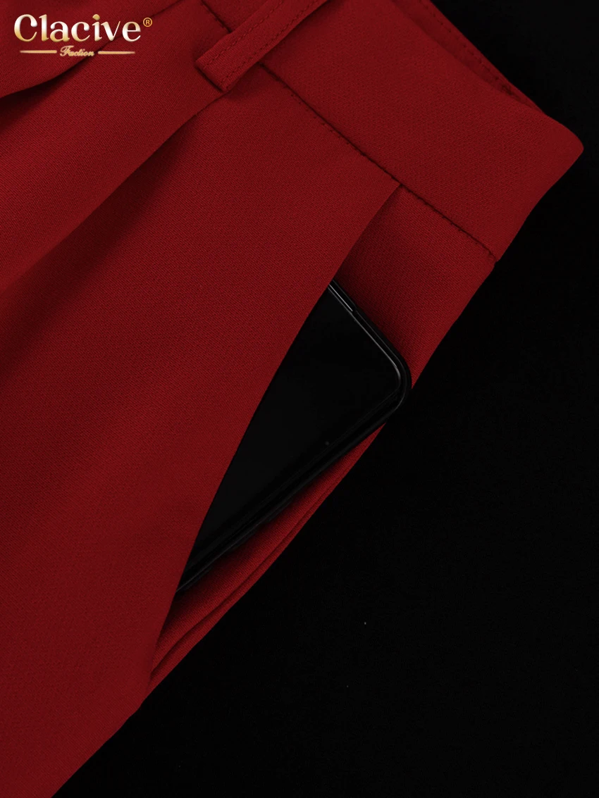 Clacive Fashion Loose Red Office Shorts Sets For Women 2 Pieces Elegant Long Sleeve Blazer With High Waist Shorts Set Female