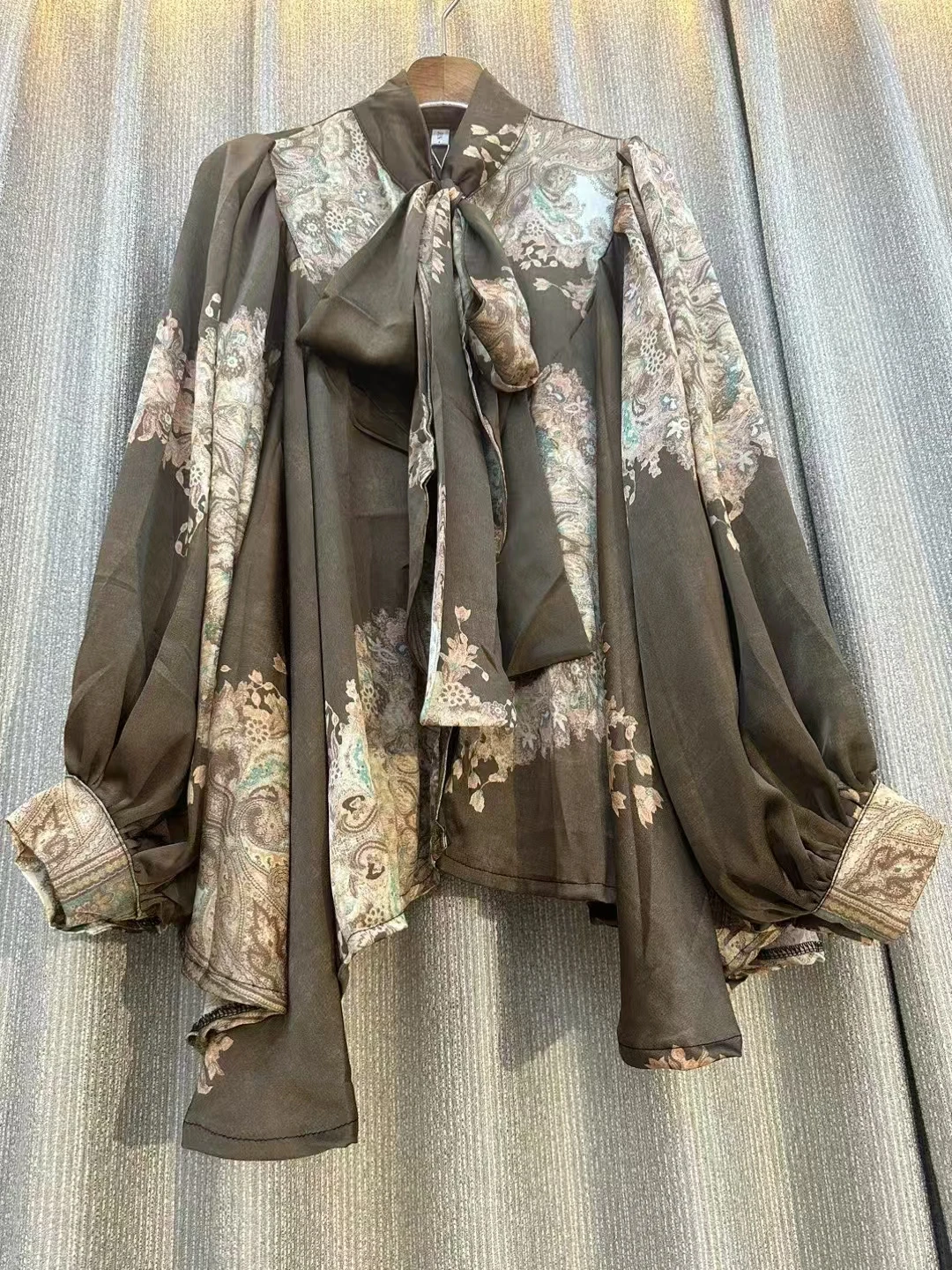 Autumn Loose Print Shirt For Women Lace-up Bow Collar Long Sleeve Floral Vintage Party Shirt Fashion Designer Clothes New 2024