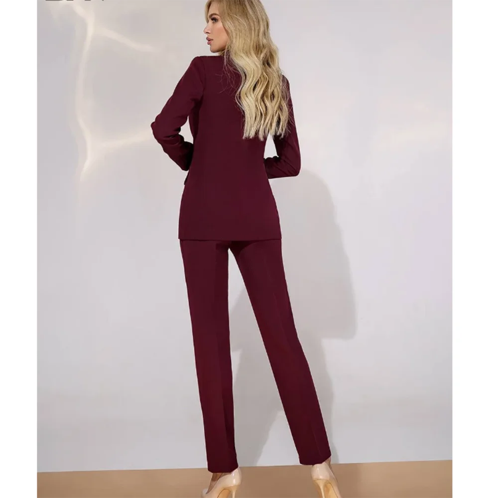 Fashion Chic Burgundy Red Purple Women Suit Double Breasted 2 Piece Jacket Pants Blazer Set Slim Fit Office Lady Female Clothing