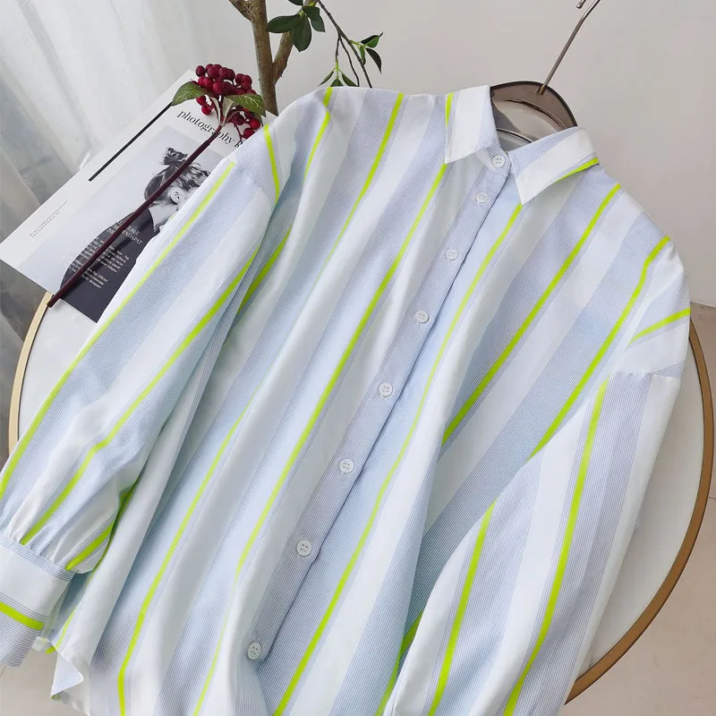 BirdTree,16MM 27.7% Real Silk Elegant Shirt, Women Striped Long Sleeve,OL Fashion Casual Blouses, 2026 Spring New T44985QM