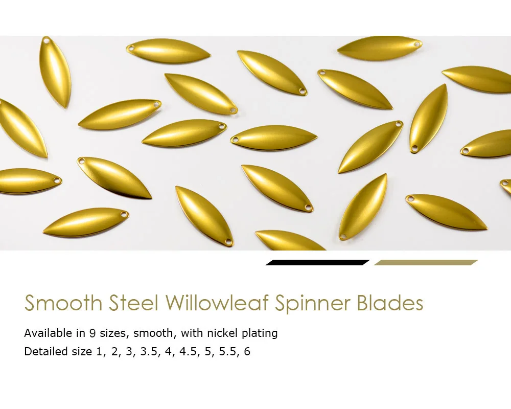 COUNTBASS 50pcs Gold Plated Steel Willow Spinner Blades 1-6 Size Range Smooth Finish DIY Spinner Bait Fishing Lures