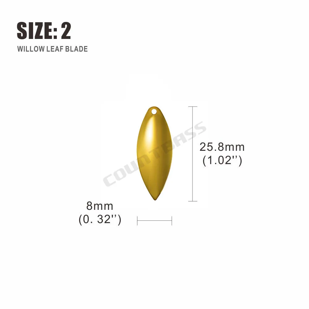 COUNTBASS 50pcs Gold Plated Steel Willow Spinner Blades 1-6 Size Range Smooth Finish DIY Spinner Bait Fishing Lures
