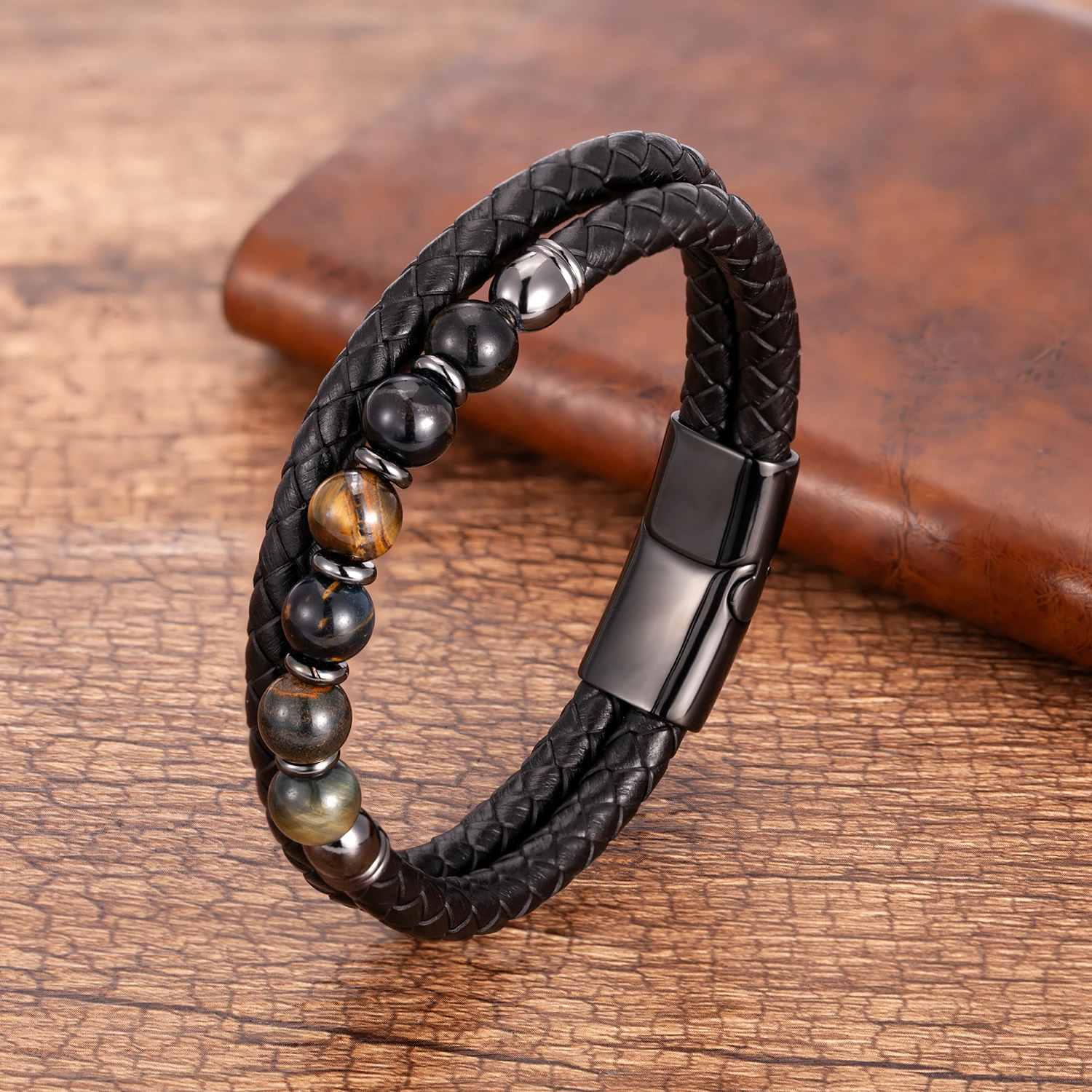 Fashione Mens Jewelry Charm Round Stone Bracelet For Men Colourful Tiger Eye Beads Black Leather Rope Chain Bangles Homme Gifts