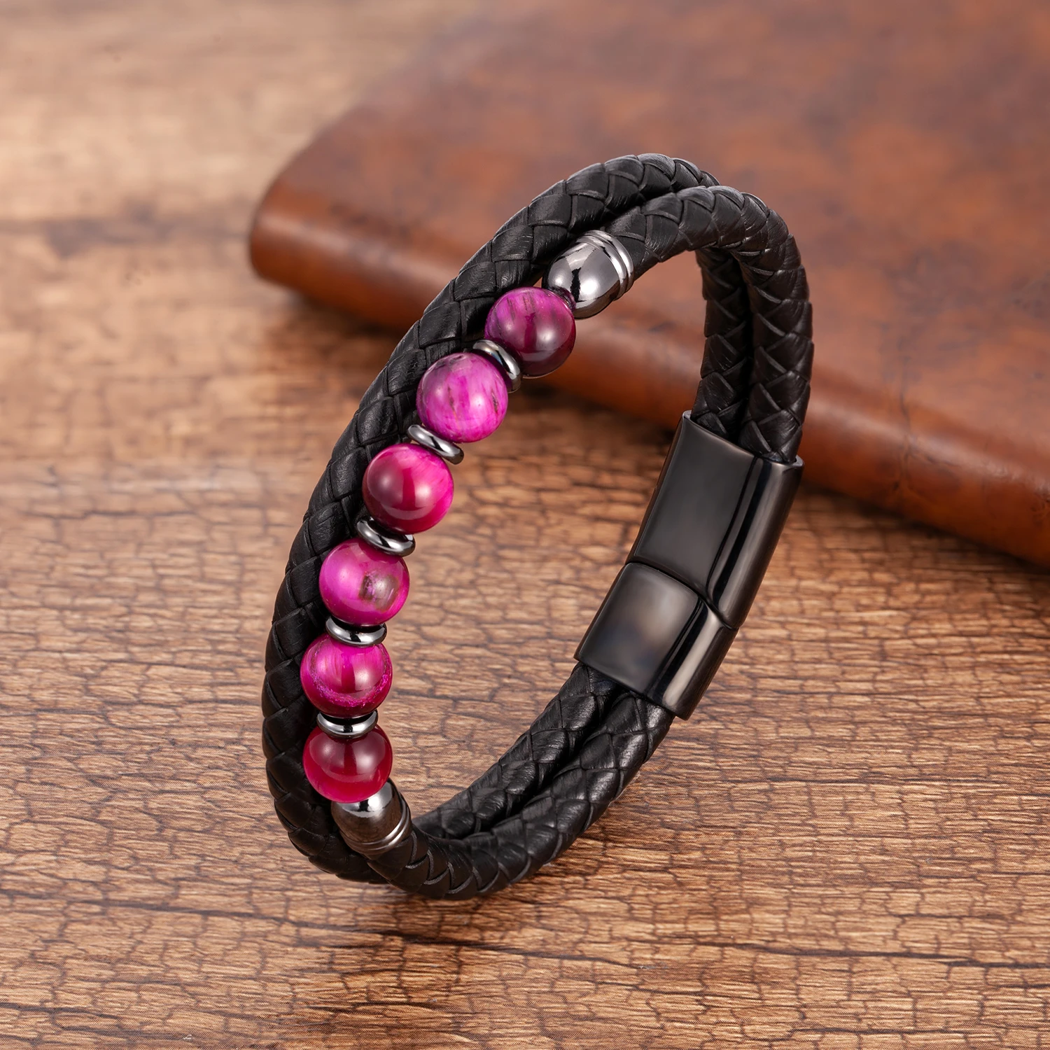 Fashione Mens Jewelry Charm Round Stone Bracelet For Men Colourful Tiger Eye Beads Black Leather Rope Chain Bangles Homme Gifts
