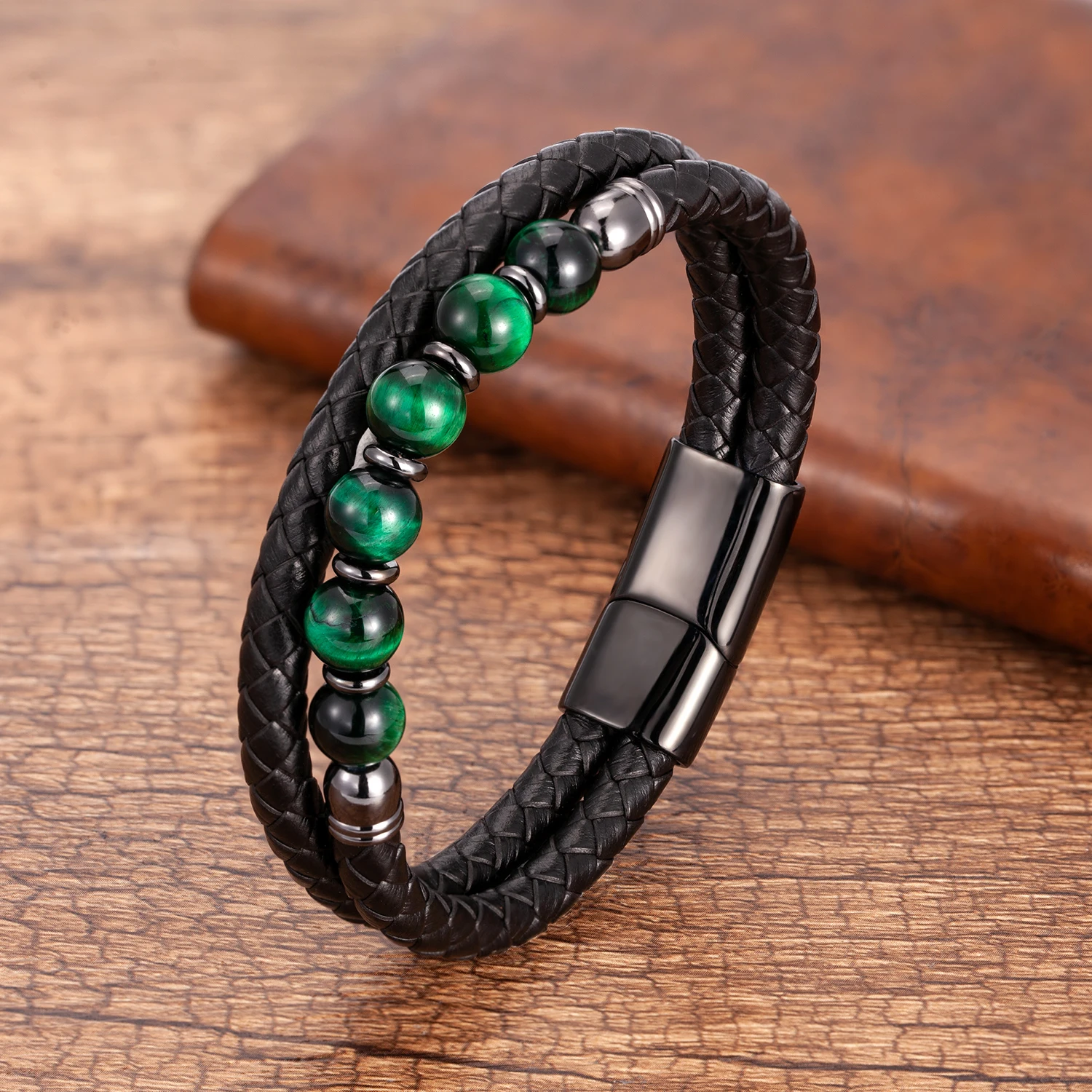 Fashione Mens Jewelry Charm Round Stone Bracelet For Men Colourful Tiger Eye Beads Black Leather Rope Chain Bangles Homme Gifts