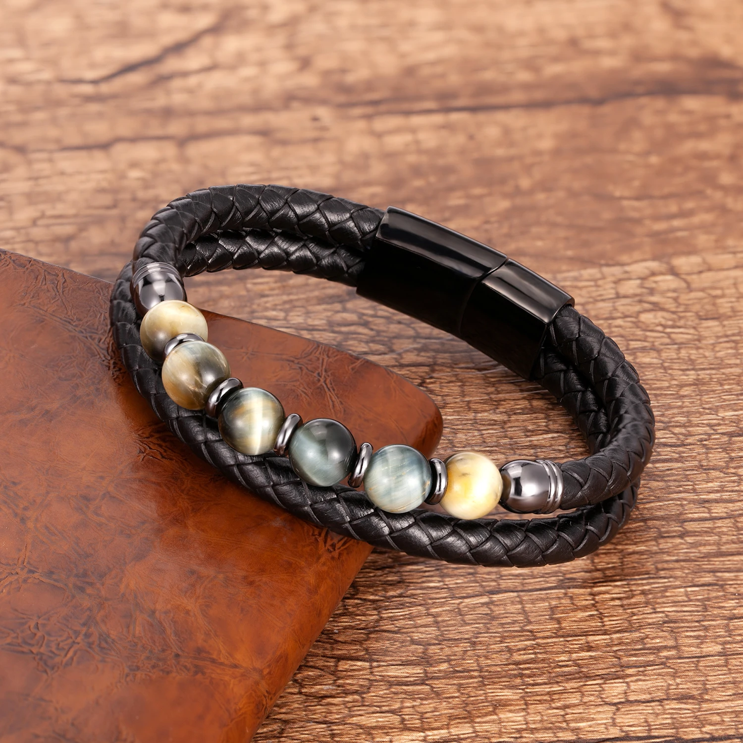 Fashione Mens Jewelry Charm Round Stone Bracelet For Men Colourful Tiger Eye Beads Black Leather Rope Chain Bangles Homme Gifts