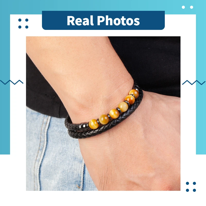 Fashione Mens Jewelry Charm Round Stone Bracelet For Men Colourful Tiger Eye Beads Black Leather Rope Chain Bangles Homme Gifts