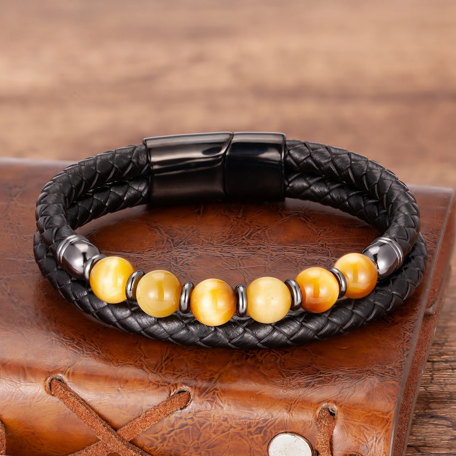 Fashione Mens Jewelry Charm Round Stone Bracelet For Men Colourful Tiger Eye Beads Black Leather Rope Chain Bangles Homme Gifts