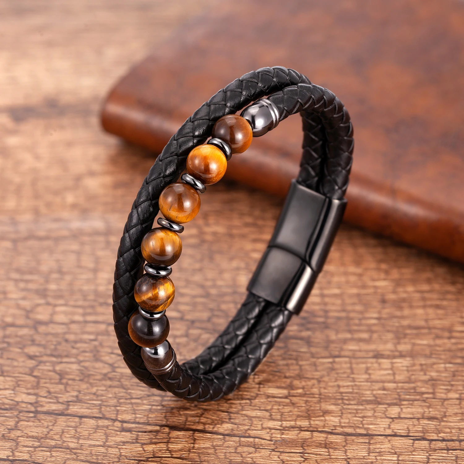 Fashione Mens Jewelry Charm Round Stone Bracelet For Men Colourful Tiger Eye Beads Black Leather Rope Chain Bangles Homme Gifts