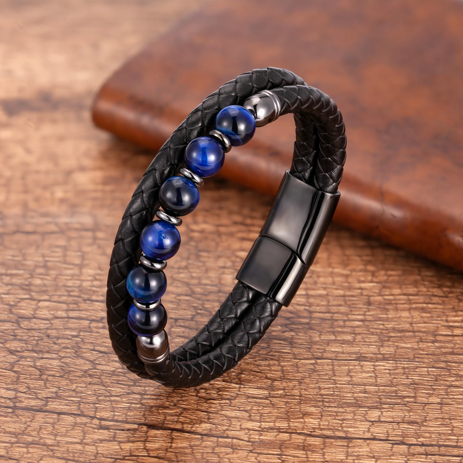 Fashione Mens Jewelry Charm Round Stone Bracelet For Men Colourful Tiger Eye Beads Black Leather Rope Chain Bangles Homme Gifts