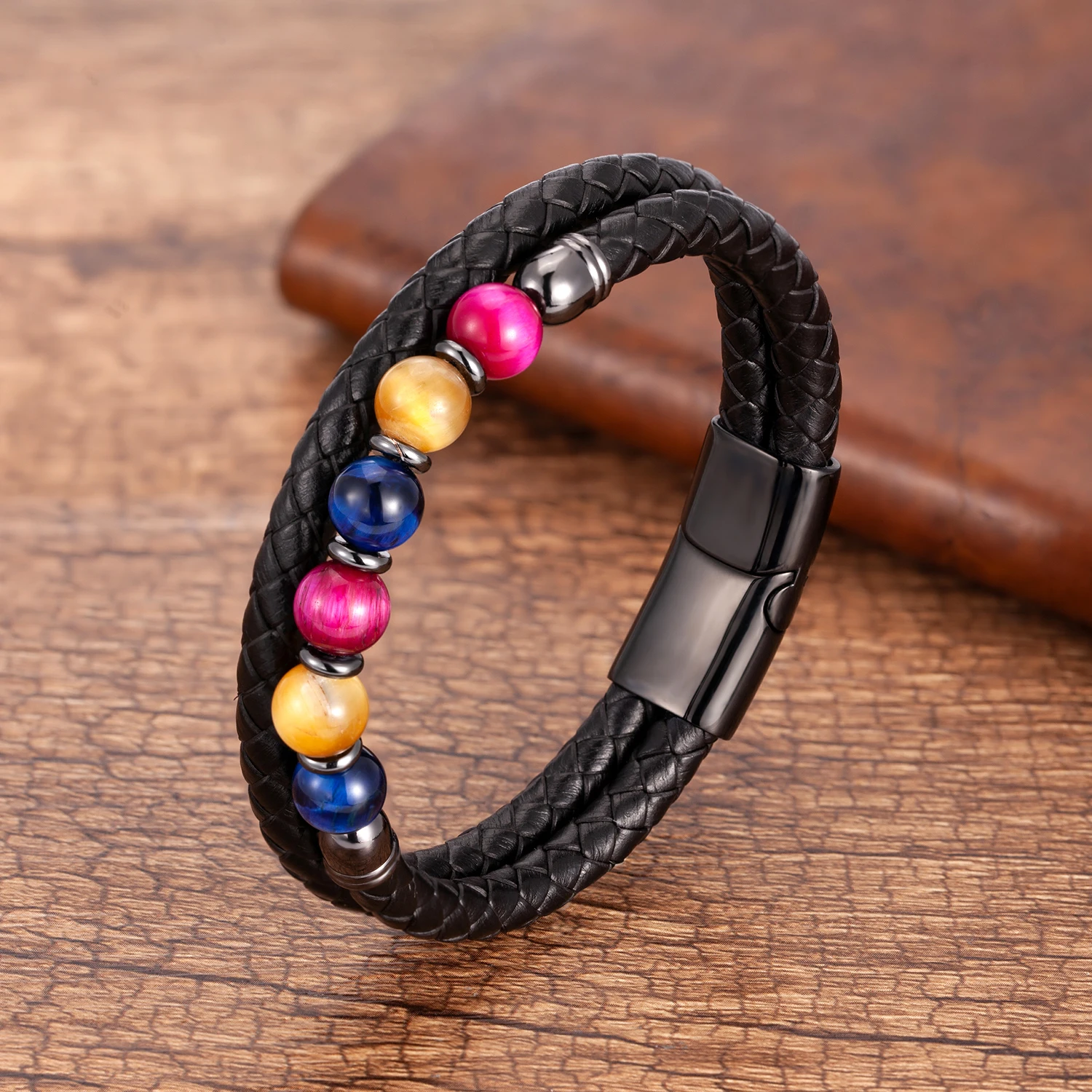 Fashione Mens Jewelry Charm Round Stone Bracelet For Men Colourful Tiger Eye Beads Black Leather Rope Chain Bangles Homme Gifts