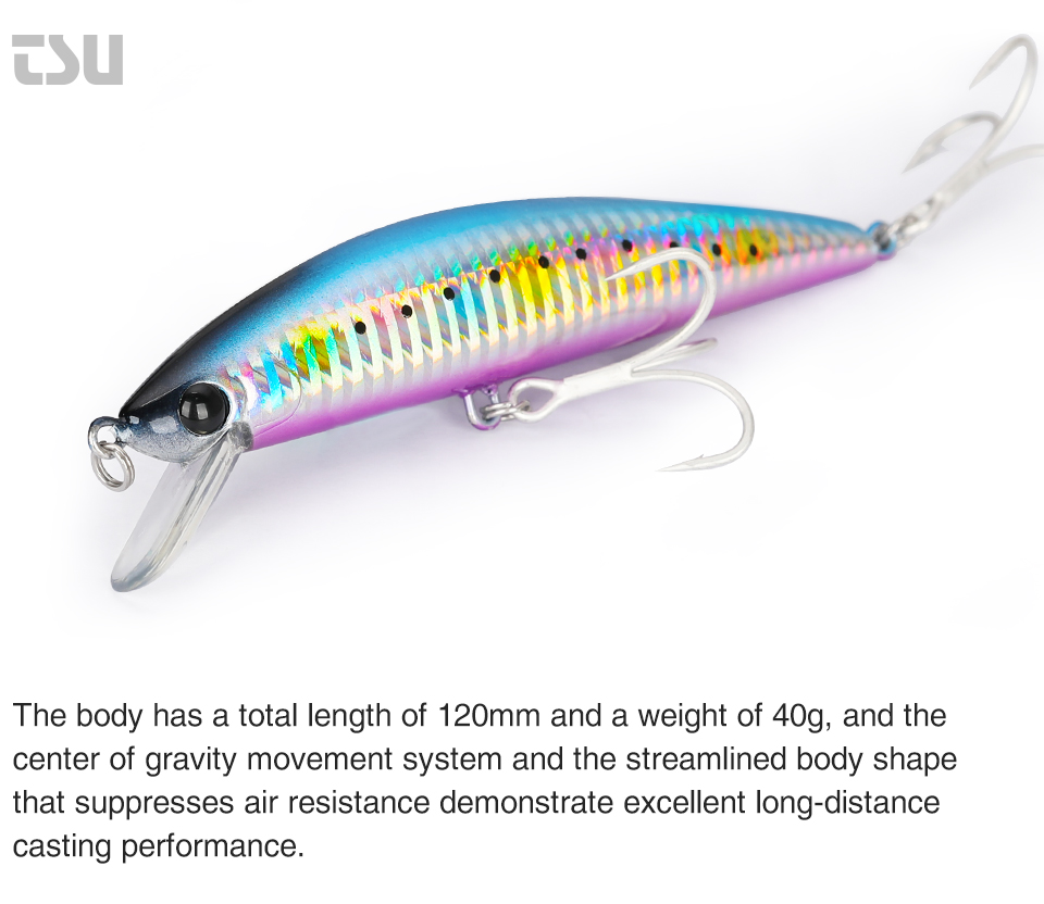 TSURINOYA 120S Sinking Minnow 12cm 40g DW37 Saltwater Hard Boat Fishing Lure Artificial Minnow Bait with Treble Hooks Wobblers