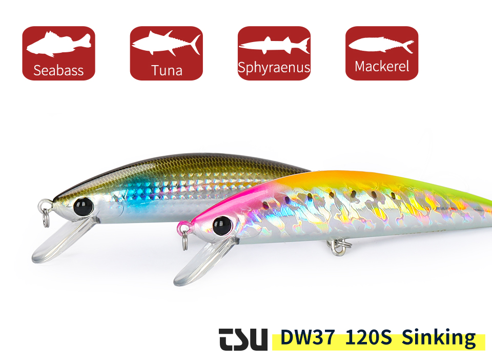 TSURINOYA 120S Sinking Minnow 12cm 40g DW37 Saltwater Hard Boat Fishing Lure Artificial Minnow Bait with Treble Hooks Wobblers