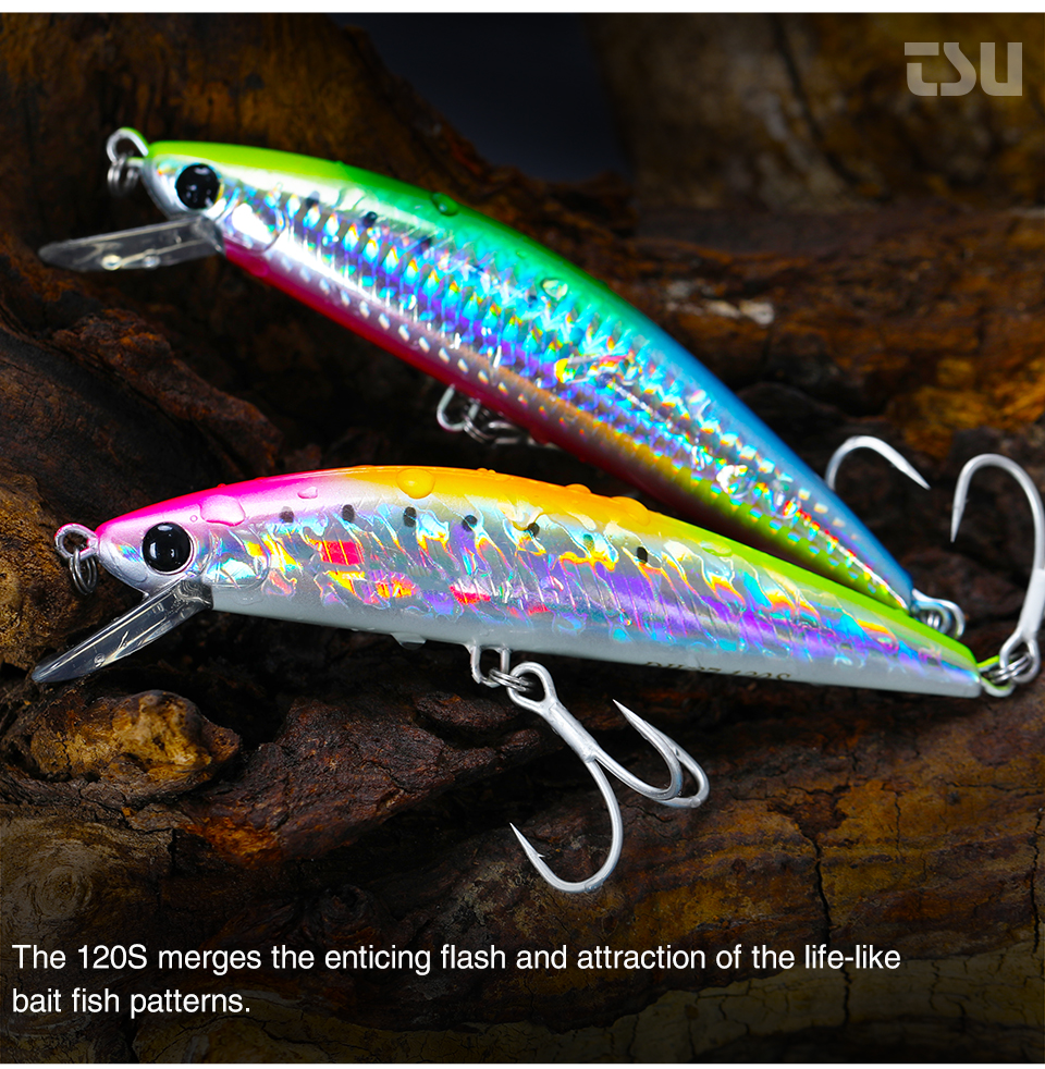 TSURINOYA 120S Sinking Minnow 12cm 40g DW37 Saltwater Hard Boat Fishing Lure Artificial Minnow Bait with Treble Hooks Wobblers