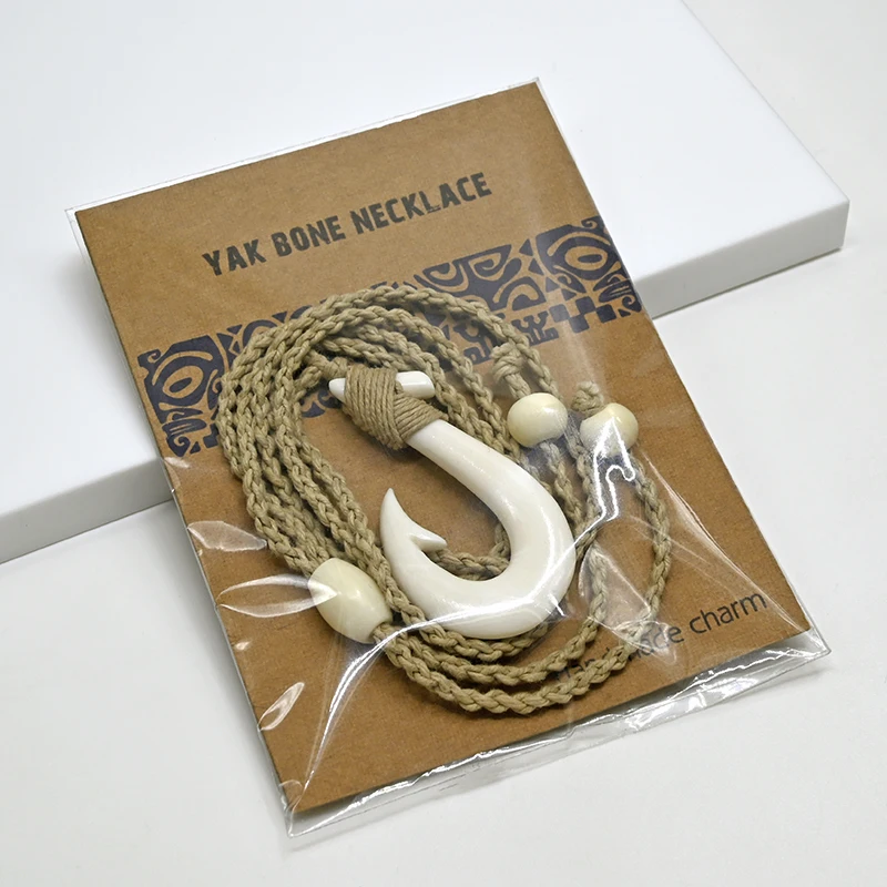 NGX121 Handmade Man Jewelry New Zealand Maori Tribes Pendant Yak Bone Fish Hook Womens Hemp Rope Weaving Necklace for Surfing