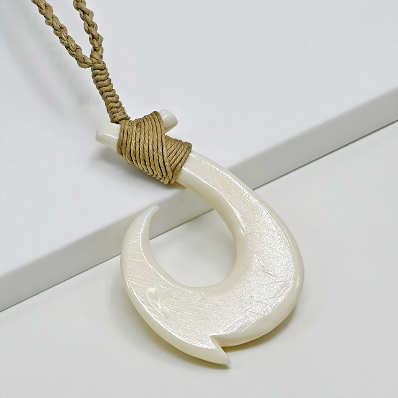 NGX121 Handmade Man Jewelry New Zealand Maori Tribes Pendant Yak Bone Fish Hook Womens Hemp Rope Weaving Necklace for Surfing
