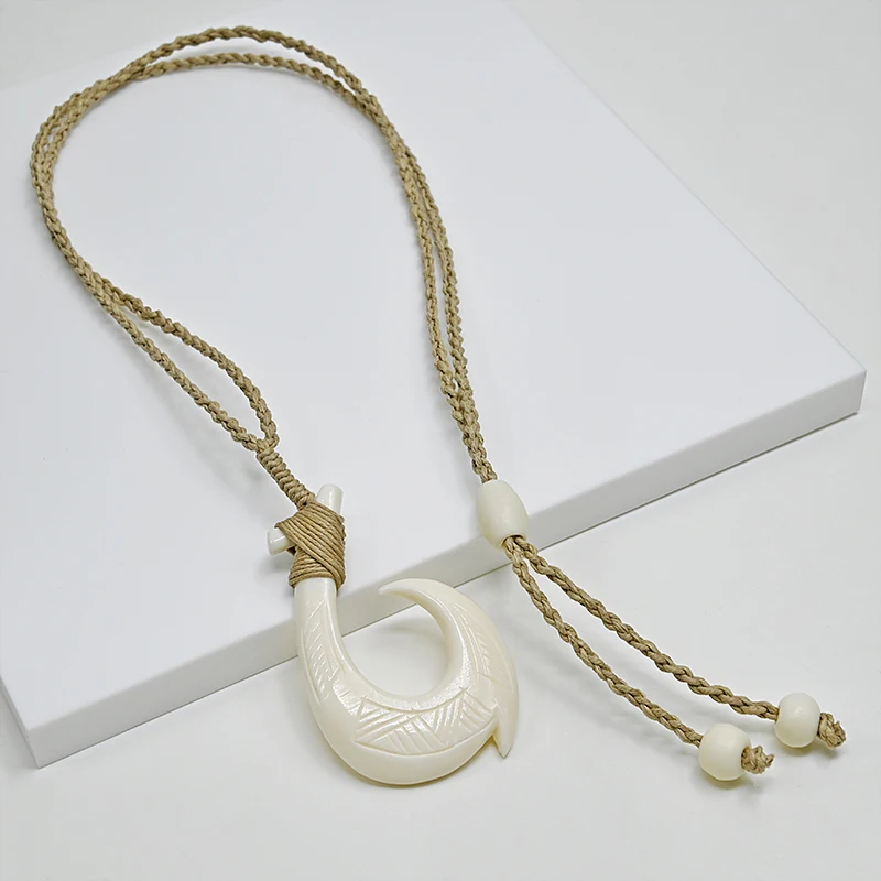 NGX121 Handmade Man Jewelry New Zealand Maori Tribes Pendant Yak Bone Fish Hook Womens Hemp Rope Weaving Necklace for Surfing