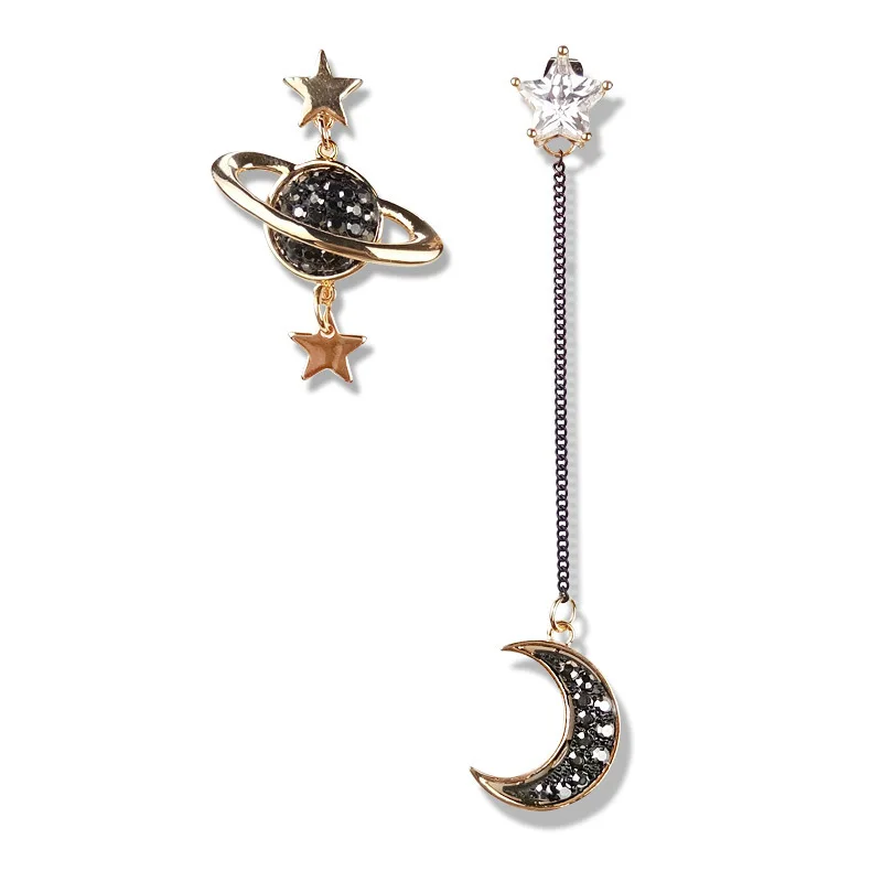 New Fashion Black Rhinestones Star Moon Charms Asymmetric Earrings for Women Party Classic Cute Girls Drop Earrings Jewelry Gift