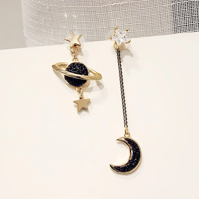 New Fashion Black Rhinestones Star Moon Charms Asymmetric Earrings for Women Party Classic Cute Girls Drop Earrings Jewelry Gift