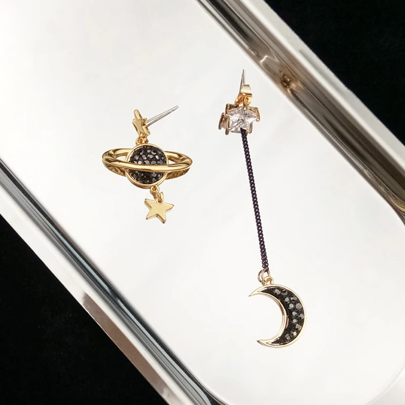 New Fashion Black Rhinestones Star Moon Charms Asymmetric Earrings for Women Party Classic Cute Girls Drop Earrings Jewelry Gift