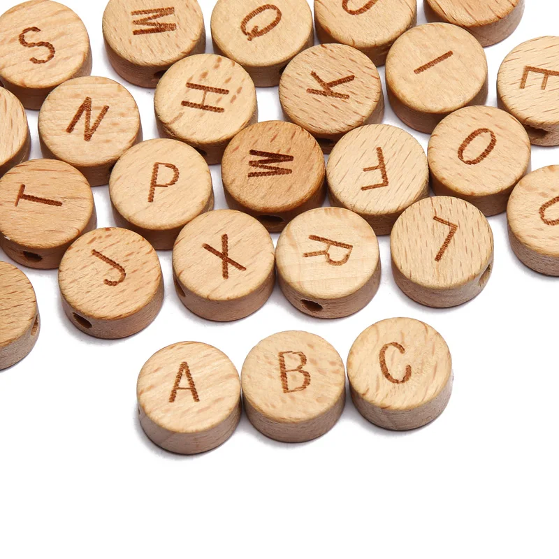 20Pcs/lot 10 15mm Mixed Letter Beech Wood Beads Round Flat Alphabet Loose Spacer Beads For Jewelry Making Handmade Diy Bracelet