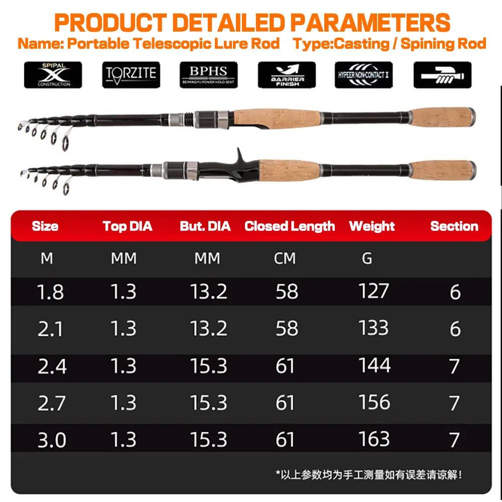 Telescopic Lure Fishing Rod 1.8M 2.1M 2.4M 3.0M Carbon Fiber Spinning Casting Ultralight Portable Travel Pole Tackle