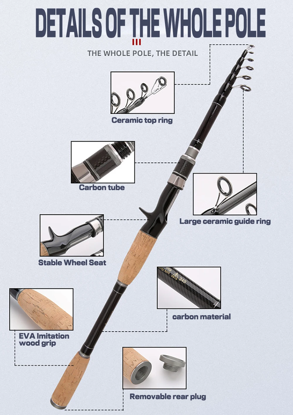 Telescopic Lure Fishing Rod 1.8M 2.1M 2.4M 3.0M Carbon Fiber Spinning Casting Ultralight Portable Travel Pole Tackle