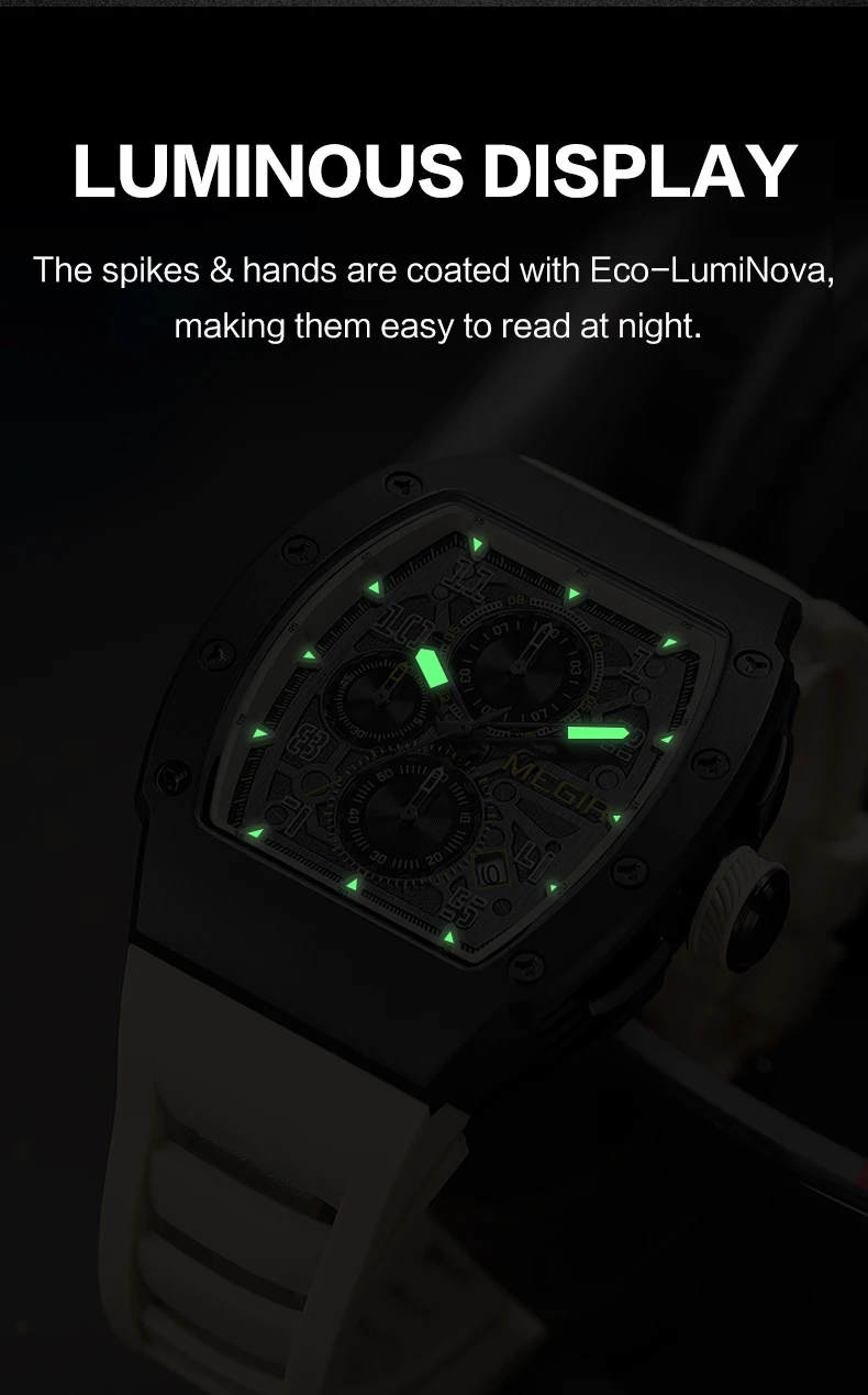 MEGIR 316 Stainless Steel Quartz Watch for Men Fashion Waterproof Luminous Chronograph Wristwatch with Auto Date Silicone Strap