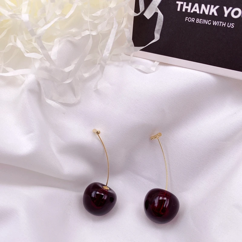 Korea Japan Sweet Clear Resin Red Cherry Earrings Gold Color Alloy Separated Drop Dangle Earrings for Women Girls Party Jewelry