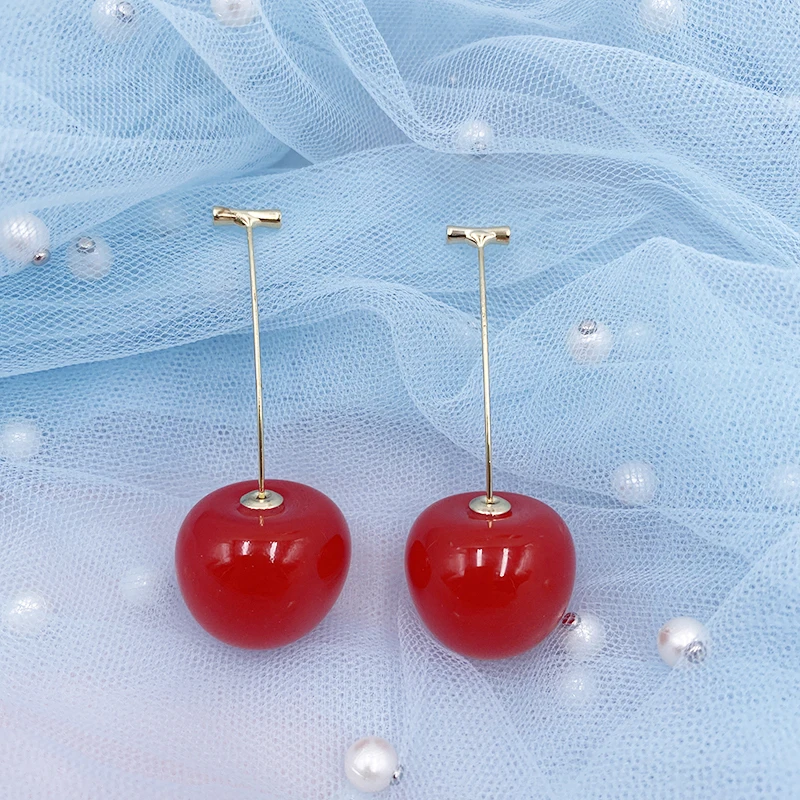 Korea Japan Sweet Clear Resin Red Cherry Earrings Gold Color Alloy Separated Drop Dangle Earrings for Women Girls Party Jewelry