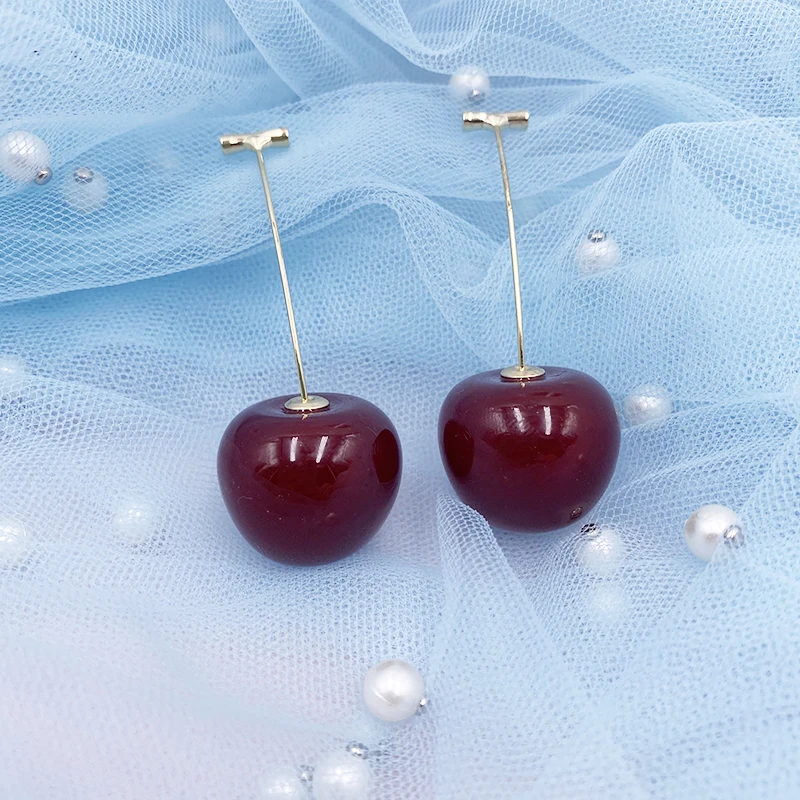 Korea Japan Sweet Clear Resin Red Cherry Earrings Gold Color Alloy Separated Drop Dangle Earrings for Women Girls Party Jewelry