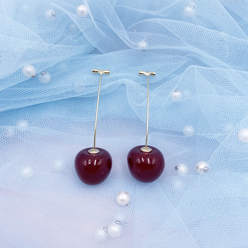 Korea Japan Sweet Clear Resin Red Cherry Earrings Gold Color Alloy Separated Drop Dangle Earrings for Women Girls Party Jewelry