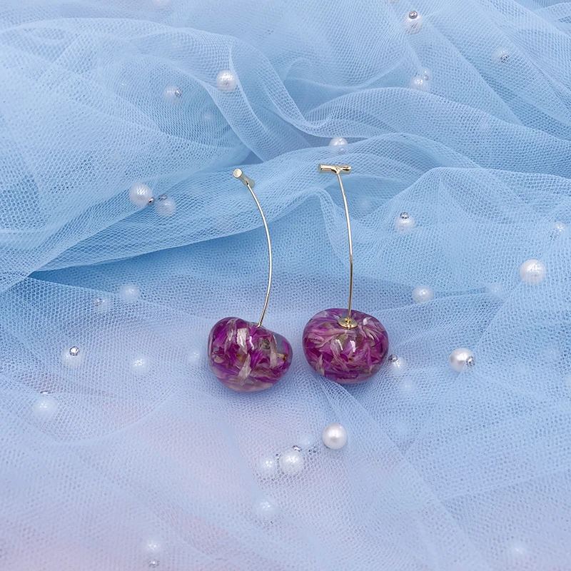 Korea Japan Sweet Clear Resin Red Cherry Earrings Gold Color Alloy Separated Drop Dangle Earrings for Women Girls Party Jewelry