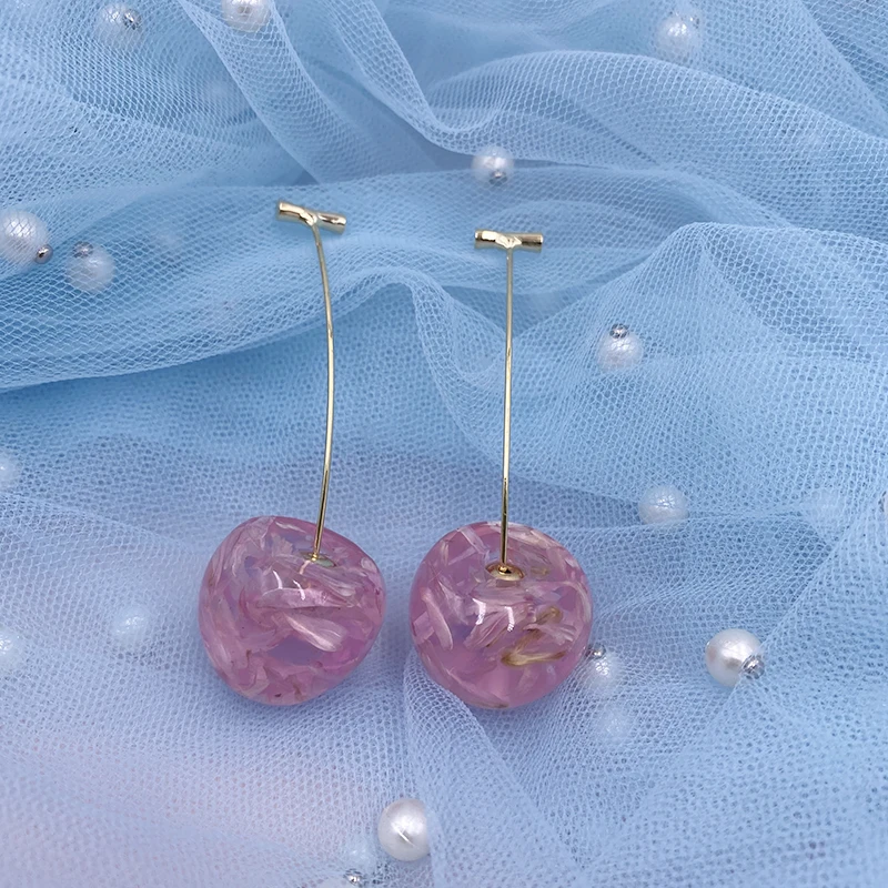 Korea Japan Sweet Clear Resin Red Cherry Earrings Gold Color Alloy Separated Drop Dangle Earrings for Women Girls Party Jewelry