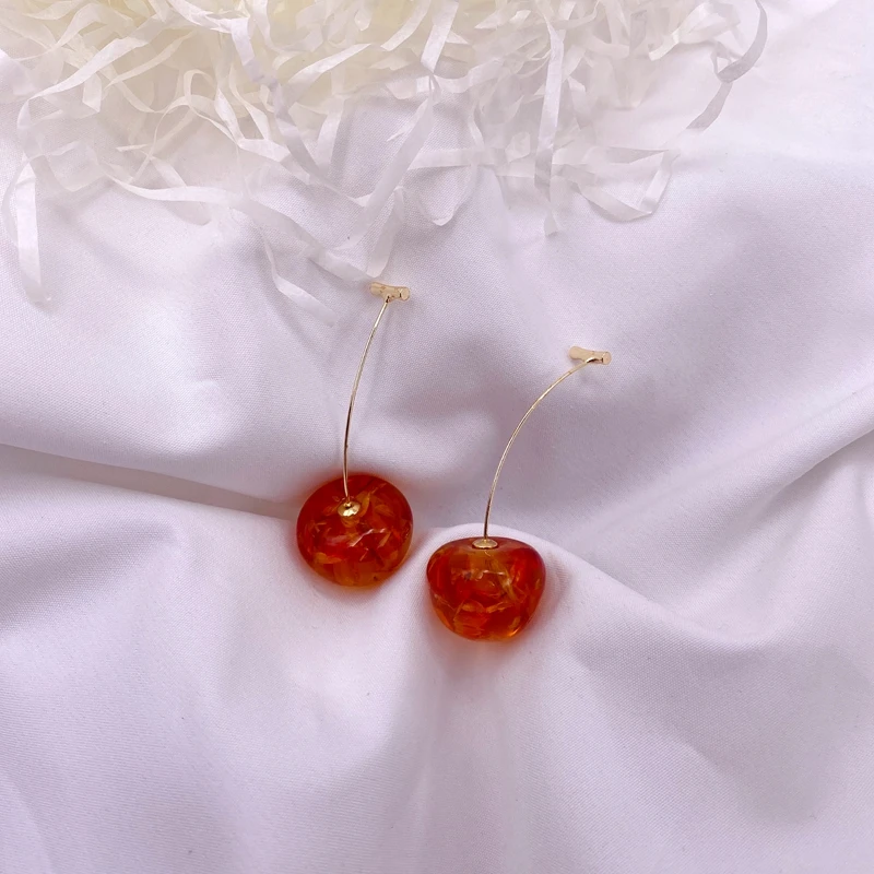 Korea Japan Sweet Clear Resin Red Cherry Earrings Gold Color Alloy Separated Drop Dangle Earrings for Women Girls Party Jewelry