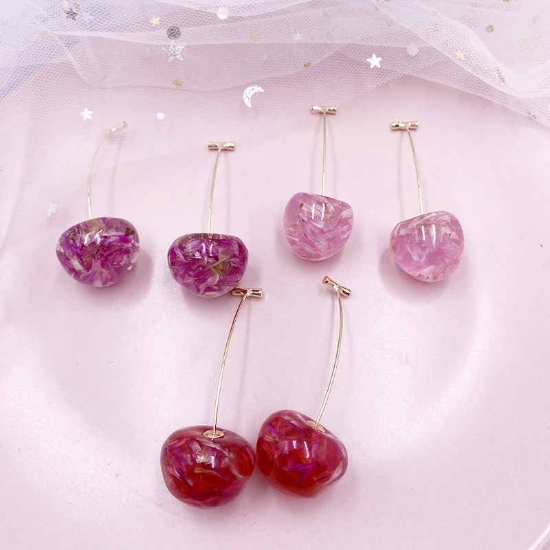 Korea Japan Sweet Clear Resin Red Cherry Earrings Gold Color Alloy Separated Drop Dangle Earrings for Women Girls Party Jewelry