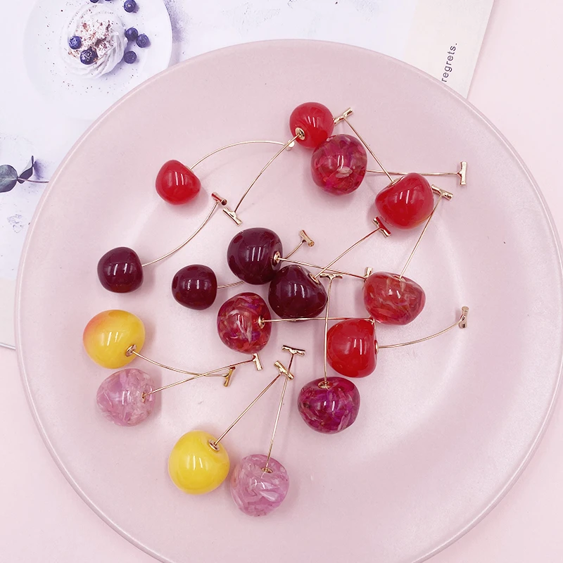 Korea Japan Sweet Clear Resin Red Cherry Earrings Gold Color Alloy Separated Drop Dangle Earrings for Women Girls Party Jewelry