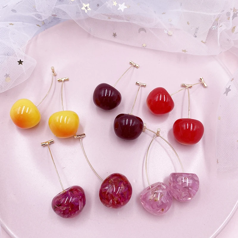Korea Japan Sweet Clear Resin Red Cherry Earrings Gold Color Alloy Separated Drop Dangle Earrings for Women Girls Party Jewelry