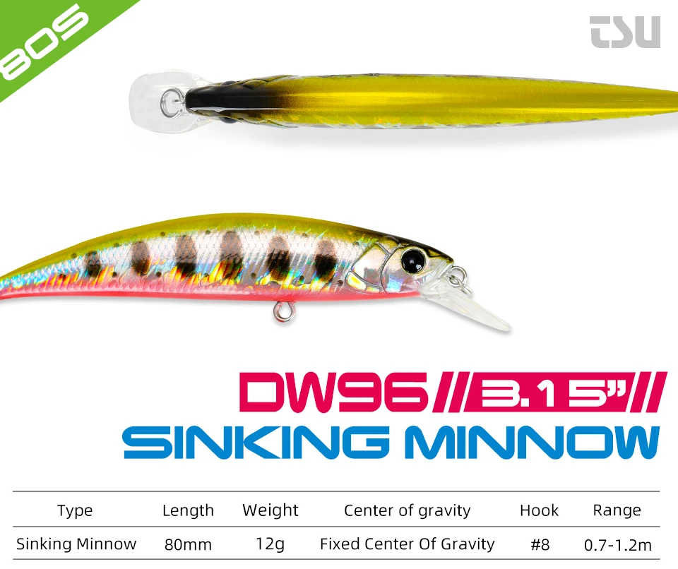 TSURINOYA Fishing Lure Sinking Minnow 80S 12g DW96 8cm Multi-color Rockfish Jerkbait Hard Bait Freshwater Saltwater Wobbler