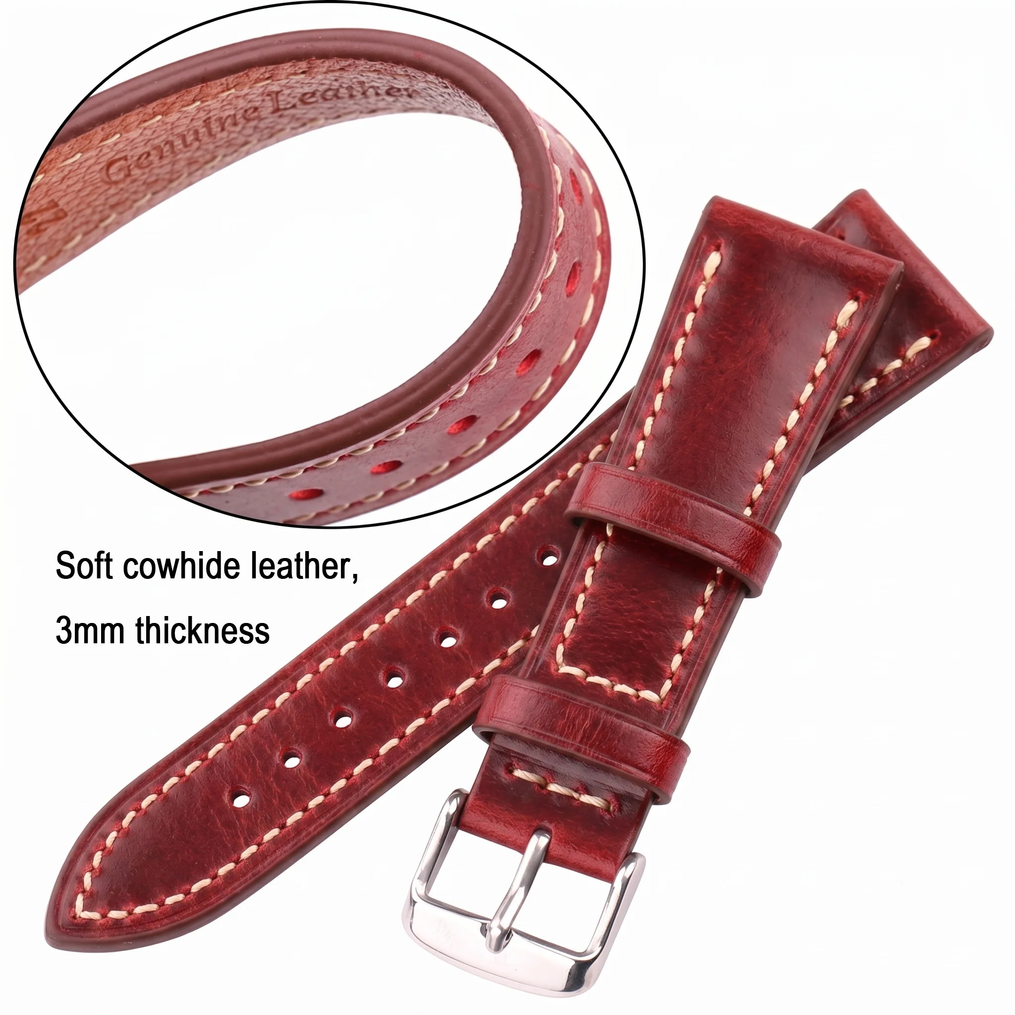 Cow Leather Watch Strap 18mm 20mm 22mm 24mm Brown Blue Red Green Cowhide Watchbands With Silver Stainless Steel Buckle