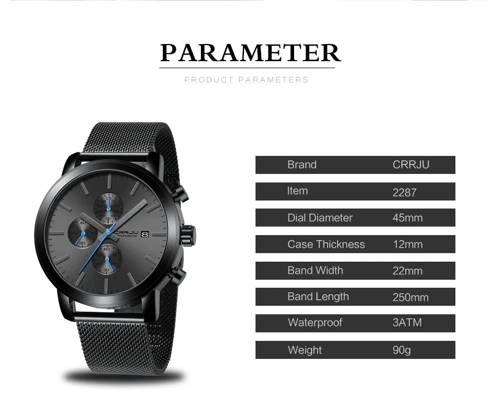 Men Watches CRRJU Top Brand Fashion multifunction Stainless Steel Mesh business Waterproof Wrist Watches Relogio Masculino