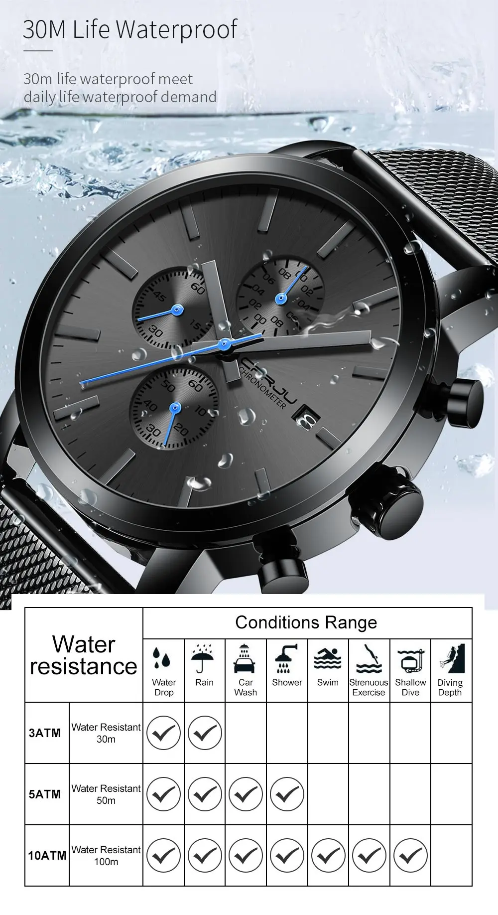 Men Watches CRRJU Top Brand Fashion multifunction Stainless Steel Mesh business Waterproof Wrist Watches Relogio Masculino